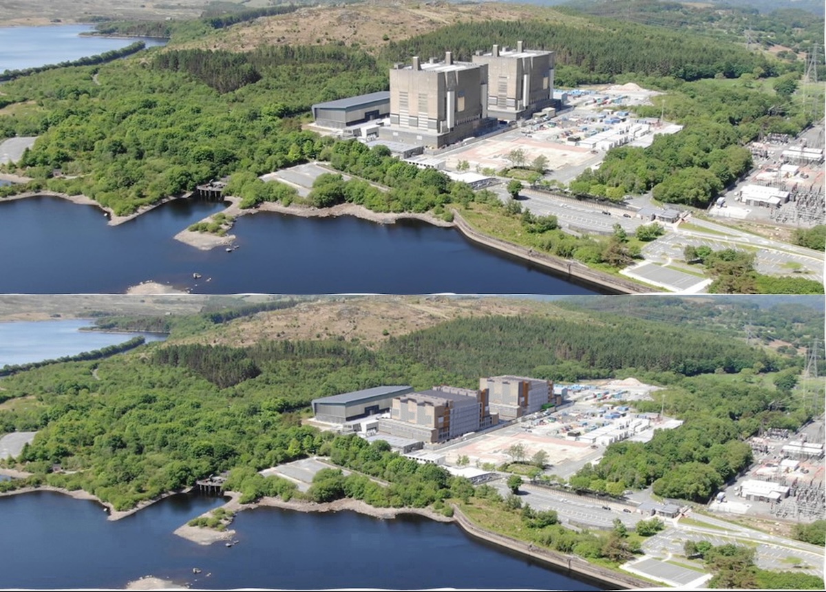 Trawsfynydd nuclear power station - Illustration of reactor buildings in current state. Credit - NRS before after