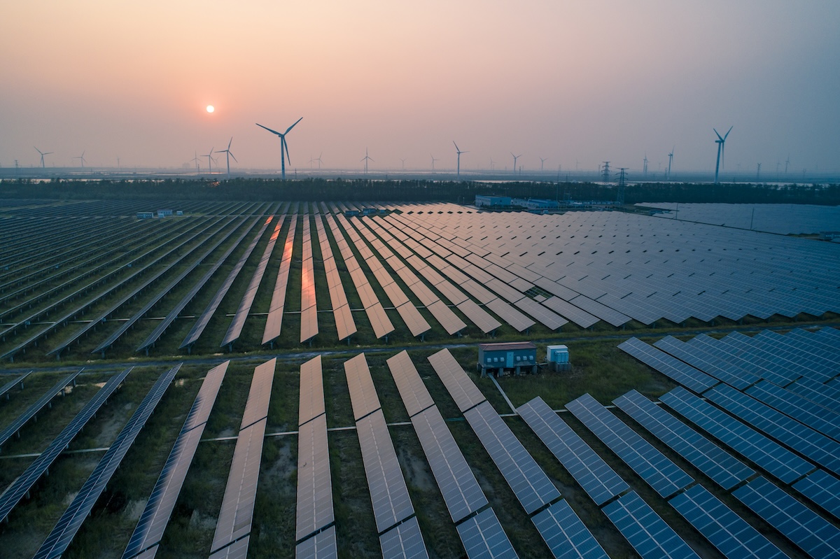 Industrial landscape with different energy resources. Sustainable development.