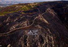 Activists paint giant climate warning to Burnham on mountainside scorched by wildfires