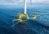 Gazelle Wind Power develops breakthrough floating platform design for 18MW+ wind turbines in extreme conditions Gazelle Wind Power floating offshore wind platform at sea, yellow articulated frame structure with wind turbine, mild sea conditions.
