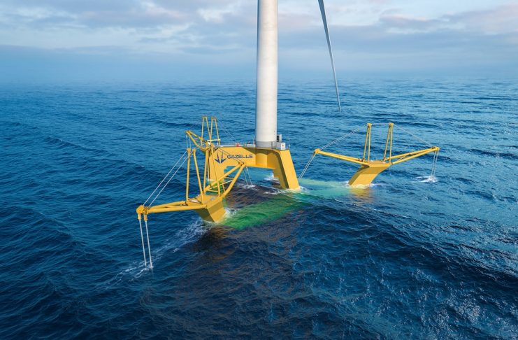 Gazelle Wind Power develops breakthrough floating platform design for 18MW+ wind turbines in extreme conditions Gazelle Wind Power floating offshore wind platform at sea, yellow articulated frame structure with wind turbine, mild sea conditions.